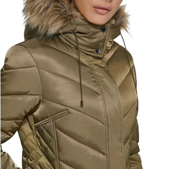 KENNETH COLE Olive Mid-Length Chevron Quilted Puffer Hooded Coat Faux Fur Size M - Picture 5 of 7